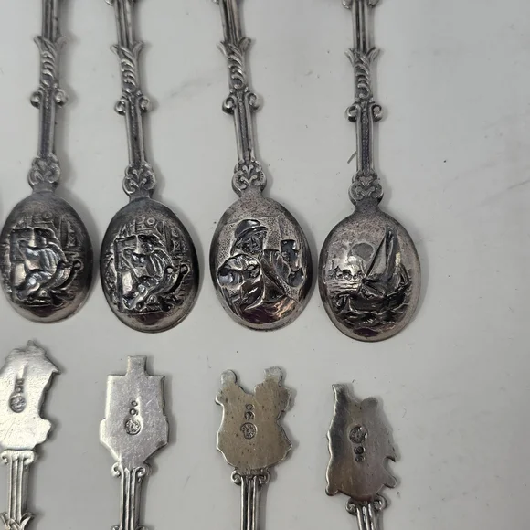Vtg Holland Dutch demitasse mini spoons stamped novelty ornate figural set of 12 - Picture 9 of 10